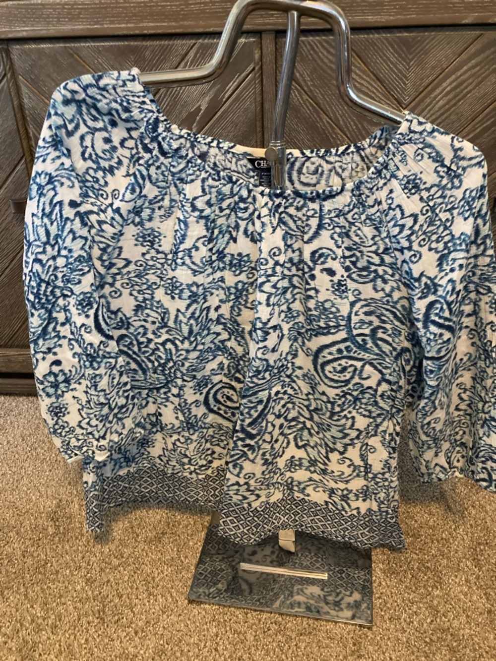 Chaps White & Blue Floral Paisley Peasant Top